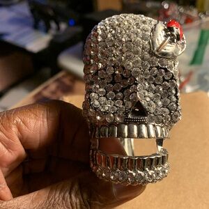 Crystal Skull Cuff Bracelet Red Beetle on Leaf on upper right side Halloween